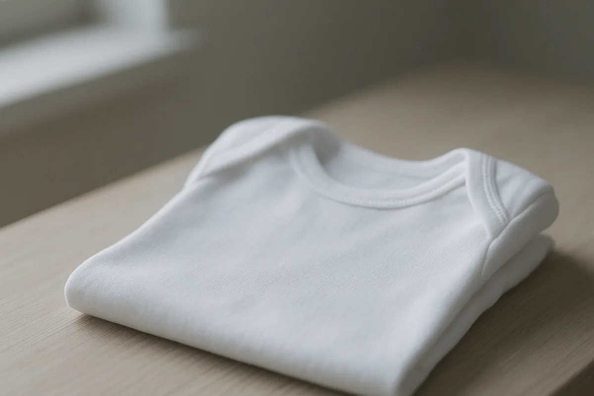 Folded white baby grow on a wooden shelf