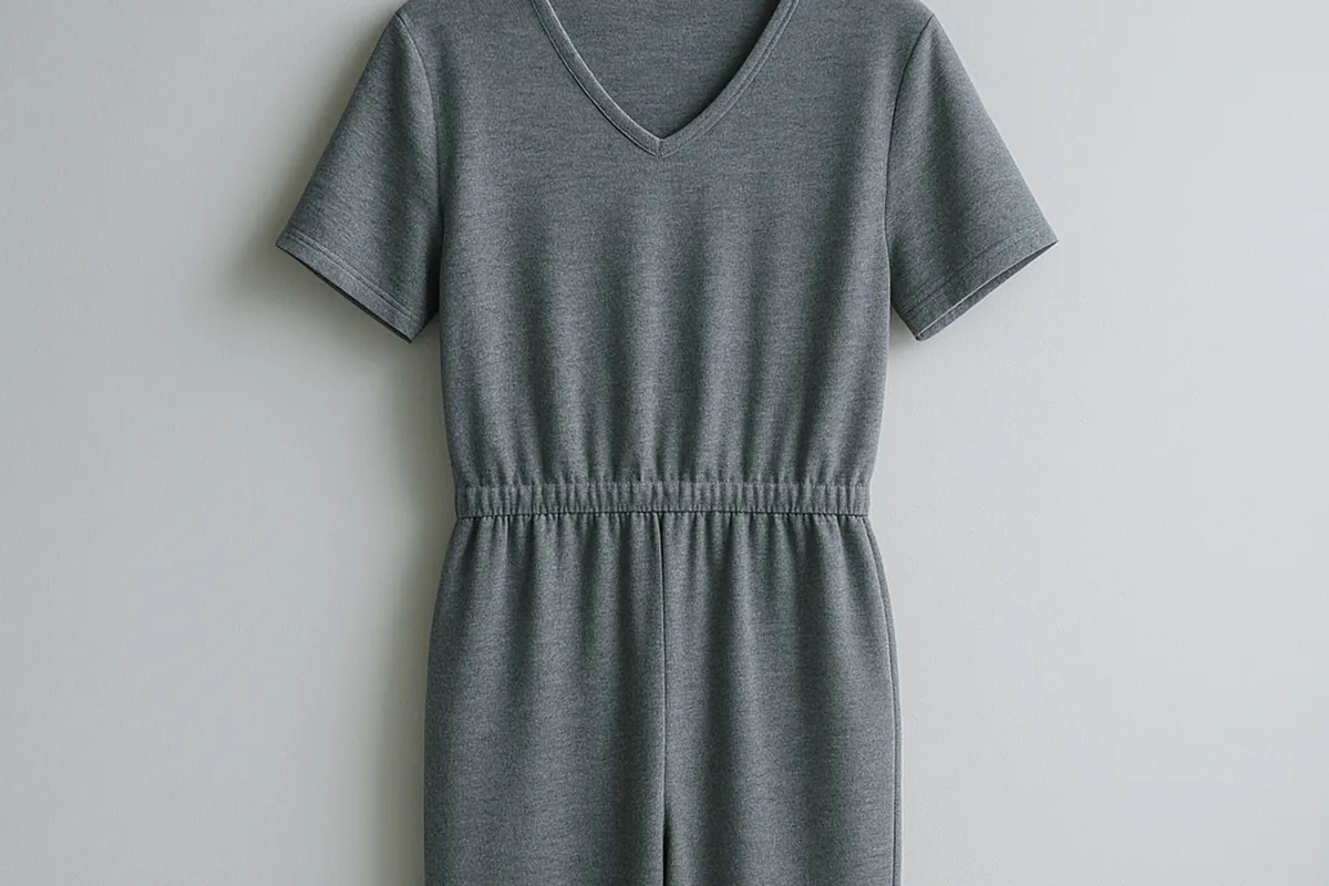 Grey jumpsuit on a hanger against a plain wall
